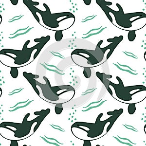 Seamless pattern, drawn killer whale and bubbles on a white background. Marine animals for children's textiles, prints