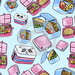 Seamless pattern with drawn lunchboxes