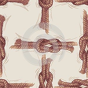 Seamless pattern of drawn rigging rope tied in sea knot