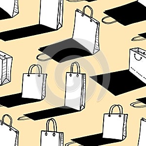 Seamless pattern of drawn shopping bags with shadows