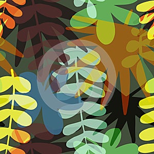 Seamless pattern with drawn tropical leaves, colorful artistic botanical illustration. Floral background. Modern