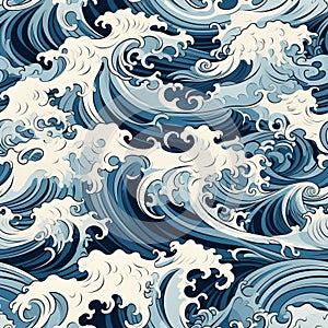 Seamless pattern drawn waves and curls on white and light blue solid color backgrounds