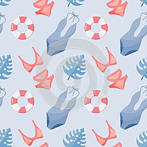 Seamless pattern, drawn women\'s bikini swimwear and lifebuoys on a blue background. Travel background