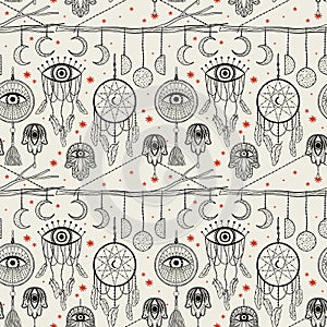 Seamless pattern dream catcher.Vintage bohemian drawing style