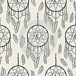 Seamless pattern dream catcher.Vintage bohemian drawing style.