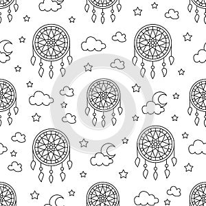 Seamless pattern with dream catchers. Elements - dreamcatcher, star, moon. Vector illustration. Cute repeated texture