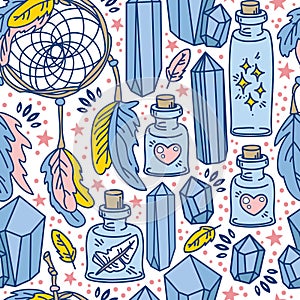 Seamless pattern with dream catchers and glass flasks