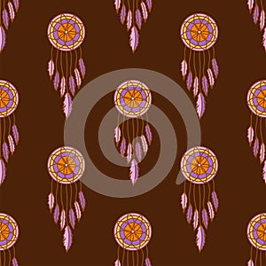 Seamless pattern. Dreamcatcher with feathers and flower. Vector