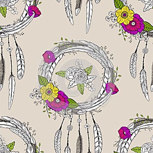 Seamless pattern with dreamcatchers and flowers photo