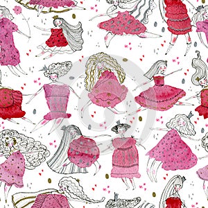 Seamless pattern with dreaming princesses. Set of doodle fantasy little girls with pink, silver and golden colors.