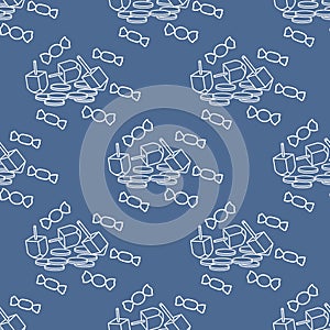 Seamless pattern with dreidel, coins, sweets.