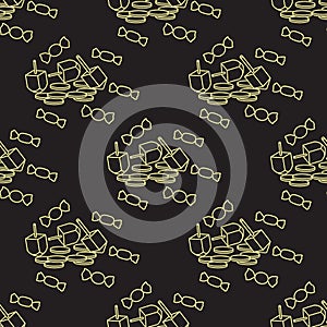 Seamless pattern with dreidel, coins, sweets