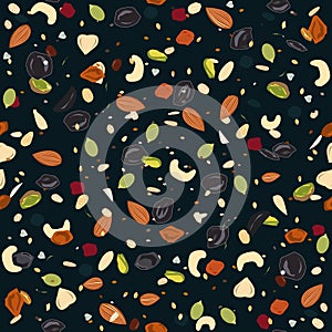 Seamless pattern with dried fruits, nuts, oatmeal, and seeds. Healthy and eco food, granola background. Vector