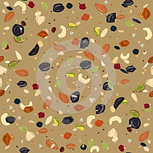 Seamless pattern with dried fruits, nuts, oatmeal, and seeds. Healthy and eco food, granola background.