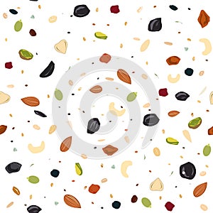 Seamless pattern with dried fruits, nuts, oatmeal, and seeds. Healthy food, granola background, Vector illustartion