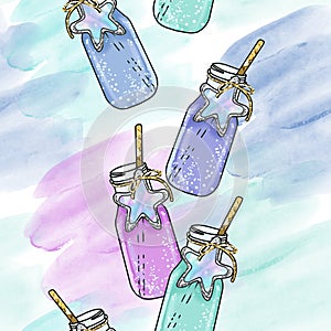 Seamless Pattern - Drink bottles on blue watercolor background