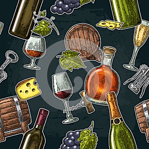 Seamless pattern drinks made from grapes. Wine, brandy, champagne bottle, glass