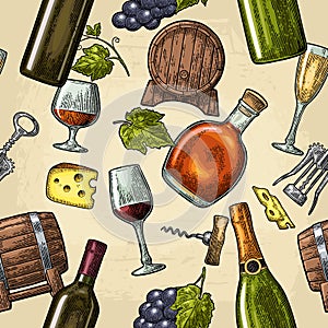 Seamless pattern drinks made from grapes. Wine, brandy, champagne bottle, glass
