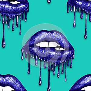 SEAMLESS PATTERN -  DRIPPING METALLIC LIPS ON SOLID COLOR BACKGROUND