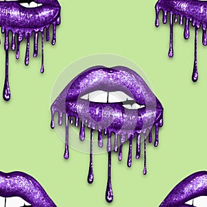 SEAMLESS PATTERN -  DRIPPING METALLIC LIPS ON SOLID COLOR BACKGROUND