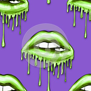 SEAMLESS PATTERN -  DRIPPING METALLIC LIPS ON SOLID COLOR BACKGROUND