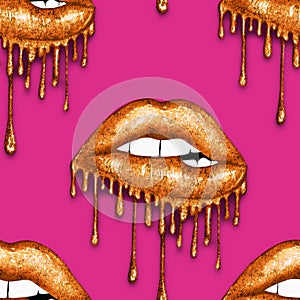 SEAMLESS PATTERN -  DRIPPING METALLIC LIPS ON SOLID COLOR BACKGROUND