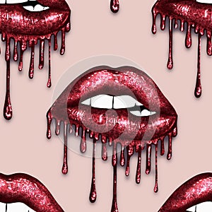 SEAMLESS PATTERN -  DRIPPING METALLIC LIPS ON SOLID COLOR BACKGROUND