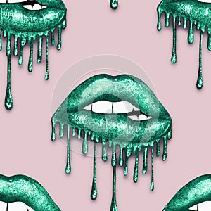 SEAMLESS PATTERN -  DRIPPING METALLIC LIPS ON SOLID COLOR BACKGROUND