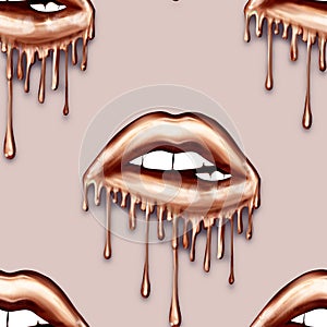 SEAMLESS PATTERN -  DRIPPING METALLIC LIPS ON SOLID COLOR BACKGROUND