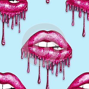 SEAMLESS PATTERN -  DRIPPING METALLIC LIPS ON SOLID COLOR BACKGROUND