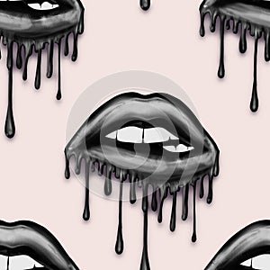 SEAMLESS PATTERN -  DRIPPING METALLIC LIPS ON SOLID COLOR BACKGROUND