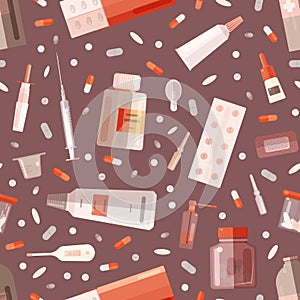 Seamless pattern with drugs or medications in bottles, jars, tubes, blisters, ampoules and medical tools for first aid