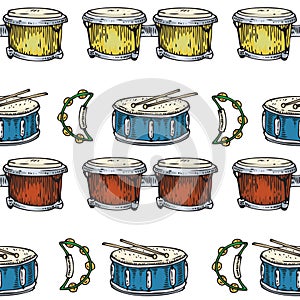 Seamless Pattern. Drums, Bongos and Tambourines