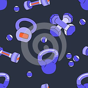 Seamless pattern with dumbbells and balls