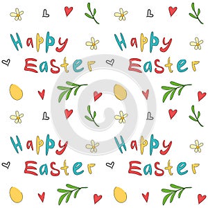 Seamless pattern with Easter. Basket with eggs, flower and branch.