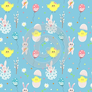 Seamless pattern with Easter bunnies, chicks, eggs