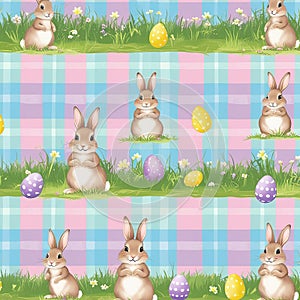Seamless pattern of Easter bunnies and eggs on a checkered background rabbits spring