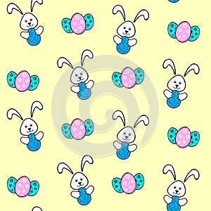 Seamless pattern of an Easter Bunny with egg and Easter eggs on a light yellow background