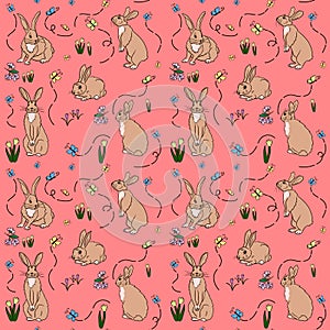 Seamless pattern with easter bunny and flowers