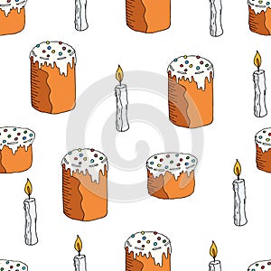 Seamless pattern of Easter cake and candle. Hand drawn doodle  illustration. Orthodox Easter symbols