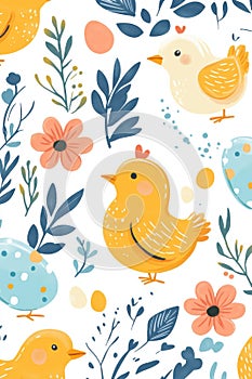 Seamless pattern of Easter chicks, eggs, and floral decorations
