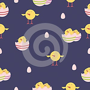 seamless pattern with easter eggs, chickens on shelves on a blue background