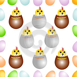 Seamless pattern from Easter eggs, decorated with funny chickens.