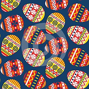 Seamless pattern with Easter eggs decorated with geometric patterns. Vector