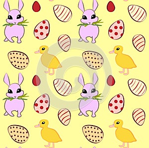 Seamless pattern with easter eggs, duckling and funny rabbit. Vector illustration