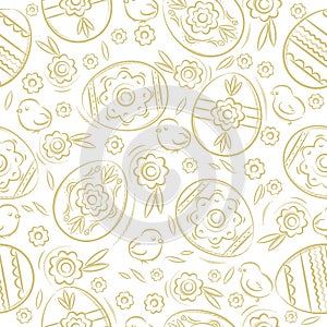 Seamless pattern with EASTER EGGS, flowers, leafs, chick. Hand-drawn elements. Easter holidays design. Can be used for fabric,