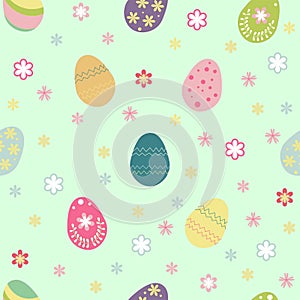 Seamless pattern with Easter eggs and flowers on a light blue background