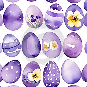 Seamless pattern of Easter eggs on a white background, decorated with pansy flower