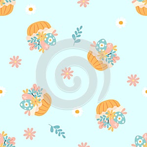 Seamless pattern easter with flowers cartoons easter basket