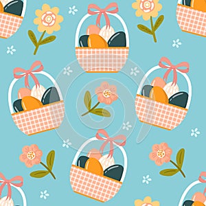 Seamless pattern easter with flowers cartoons easter basket